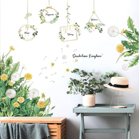 Green Leaves Wall Stickers Yellow Flower Dandelion Wall Decal Plant Floral Wall Sticker Hanging Eucalyptus Vine Wall Decals Peel and Stick Wall Art Mural for Bedroom Living Room in Saudi Arabia