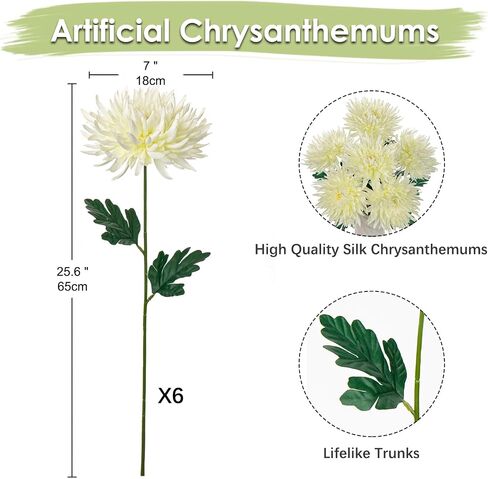 Hollyone 6Pcs Large Red Artificial Mums Flowers Chrysanthemum Silk Flowers 25.6" Spring Long Stem Floral Arrangements Bouquets Faux Spider Mum Flowers Fake Pincushion Flower for Home Decor Decorations in Saudi Arabia