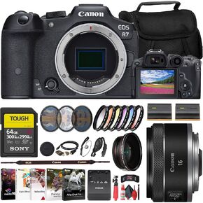 كاميرا Canon EOS R7 بدون مرآة (5137C002) + عدسة Canon 16 مم (5051C002) + بطاقة SD قوية سعة 64 جيجابايت من سوني + مجموعة مرشح + حقيبة + شاحن + بطارية LPE6 + عدسة مقربة + قارئ بطاقات + المزيد (متجددة) in Kuwait