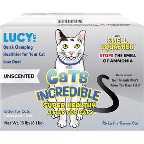 Lucy Pet Cats Incredible 18 lb Box Clumping Cat Litter Recyclable Box with Smell Squasher, Absorbent Natural Clay Formula Prevents Ammonia Build-Up, Unscented in Kuwait