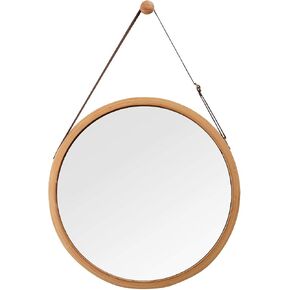 مرآة حائط دائرية معلقة في الحمام وغرفة النوم - إطار من الخيزران الصلب وحزام جلدي قابل للتعديل (الخيزران، 17-3/4 بوصة) in Kuwait
