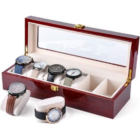 Karamanda 6 Wide Slots Wooden Paint Watch Box, Cherry-red Watch Storage Organizer with Glass Top and Locking Clasp for Women Men's Christmas Gift in Saudi Arabia