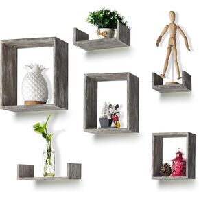 مجموعة أرفف عائمة بتصميم غني من RR مكونة من 6 - أرفف جدارية من الخشب الريفي مع 3 صناديق مربعة و3 أرفف صغيرة على شكل حرف U لتجميع اللمسات النهائية من الخشب المنجرف مجانًا in Kuwait