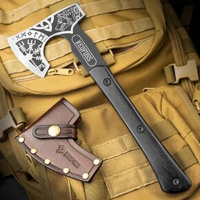 NedFoss 12.8" Berserker Tomahawk Viking Axe with Leather Sheath, Mini Nordic Valhalla Vikings Bearded Axe Engraved with Celtic Wolf Vegvisir Triquetra, Full Tang Tomahawk Axe Tactical with Wood Handle in Kuwait