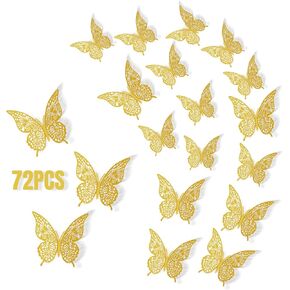 72 Pcs Butterfly Wall Decor, 3D Butterfly Removable Mural Stickers Wall Stickers Decal for Home and Room Decoration (Golden) in Kuwait