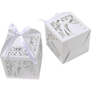 ponatia 25Pcs/Lot 4 x 4 inches Laser Cut Pearl Paper Party Wedding Favor Ribbon Candy Boxes Large Size Gift Box for Cupcake (White Birds)