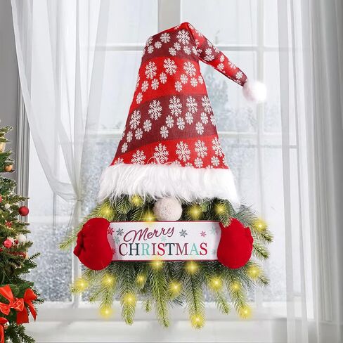 Sggvecsy Christmas Wreath Gnome Wreath with Lights Santa Gnome Christmas Hanging Sign Front Door Decoration Artificial Pine Spruce Wreath Swedish Tomte Wall Décor for Xmas Home Porch Indoor Outdoor in Saudi Arabia