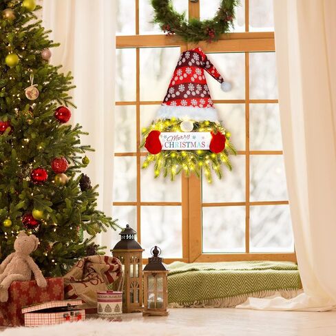 Sggvecsy Christmas Wreath Gnome Wreath with Lights Santa Gnome Christmas Hanging Sign Front Door Decoration Artificial Pine Spruce Wreath Swedish Tomte Wall Décor for Xmas Home Porch Indoor Outdoor in Saudi Arabia