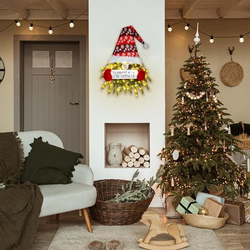 Sggvecsy Christmas Wreath Gnome Wreath with Lights Santa Gnome Christmas Hanging Sign Front Door Decoration Artificial Pine Spruce Wreath Swedish Tomte Wall Décor for Xmas Home Porch Indoor Outdoor in Saudi Arabia