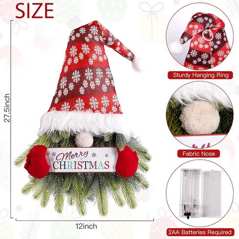 Sggvecsy Christmas Wreath Gnome Wreath with Lights Santa Gnome Christmas Hanging Sign Front Door Decoration Artificial Pine Spruce Wreath Swedish Tomte Wall Décor for Xmas Home Porch Indoor Outdoor in Saudi Arabia