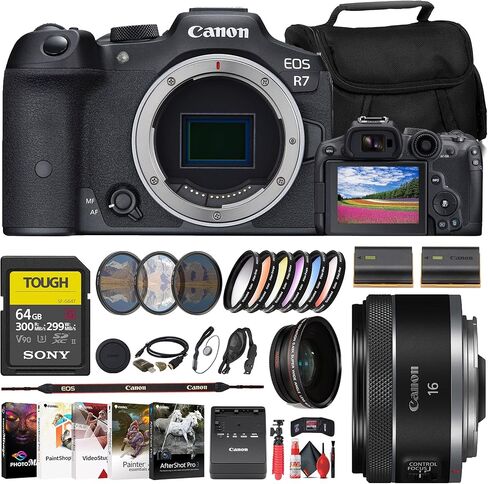 كاميرا Canon EOS R7 بدون مرآة (5137C002) + عدسة Canon 16 مم (5051C002) + بطاقة SD قوية سعة 64 جيجابايت من سوني + مجموعة مرشح + حقيبة + شاحن + بطارية LPE6 + عدسة مقربة + قارئ بطاقات + المزيد (متجددة) in Kuwait