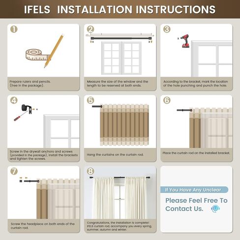 IFELS Heavy Duty Curtain Rods for Windows 48 to 84 Inch,Black Curtain Rods,Indoor/Outdoor Curtain Rods for Patio/Farmhouse,1 Inch Modern Decorative Window Curtain Rod,Easy Install (Black,48-84 In) in Kuwait