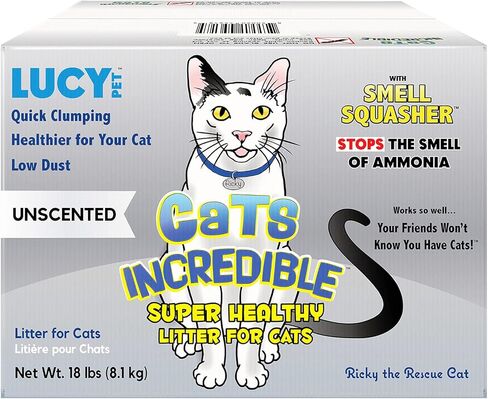 Lucy Pet Cats Incredible 18 lb Box Clumping Cat Litter Recyclable Box with Smell Squasher, Absorbent Natural Clay Formula Prevents Ammonia Build-Up, Unscented in Kuwait