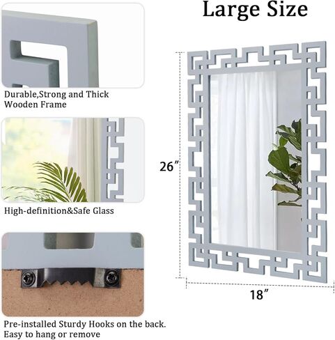 aazzkang المرايا الزخرفية للجدار 26 "× 18" مرآة ريفية كبيرة مستطيلة معلقة الخشب مؤطرة مرآة ديكور فني لغرفة النوم غرفة المعيشة الحمام المدخل in Kuwait