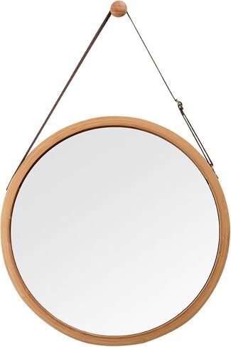 مرآة حائط دائرية معلقة في الحمام وغرفة النوم - إطار من الخيزران الصلب وحزام جلدي قابل للتعديل (الخيزران، 17-3/4 بوصة) in Kuwait
