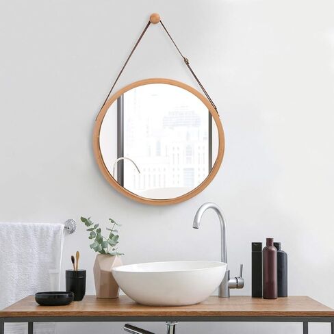 مرآة حائط دائرية معلقة في الحمام وغرفة النوم - إطار من الخيزران الصلب وحزام جلدي قابل للتعديل (الخيزران، 17-3/4 بوصة) in Kuwait