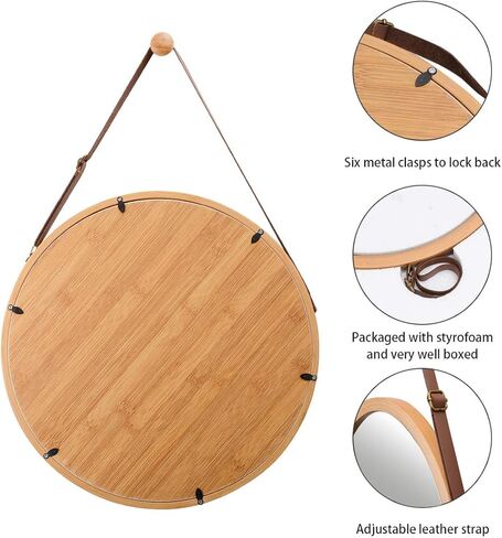 مرآة حائط دائرية معلقة في الحمام وغرفة النوم - إطار من الخيزران الصلب وحزام جلدي قابل للتعديل (الخيزران، 17-3/4 بوصة) in Kuwait