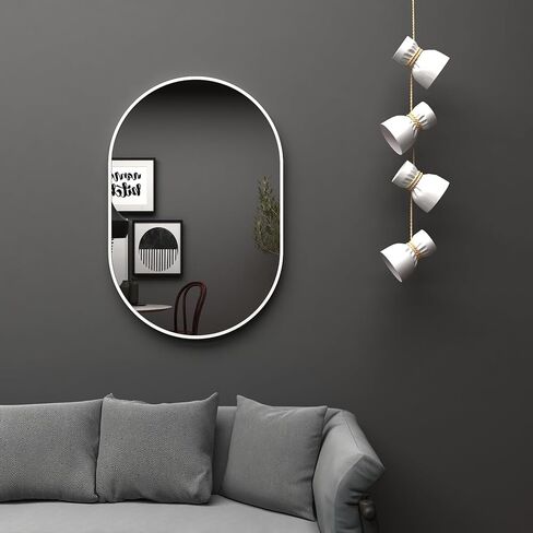 مرايا الحمام على الشاطئ الأبيض فوق المغسلة، مرآة حائط بيضاوية مثبتة على الحائط مرآة حمام بيضاوية الغرور مرآة إطار معدني عمودي وأفقي للتعليق في غرفة النوم وغرفة المعيشة ومدخل in Kuwait