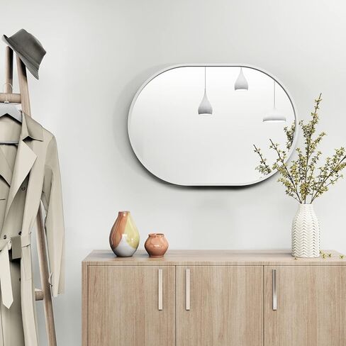 مرايا الحمام على الشاطئ الأبيض فوق المغسلة، مرآة حائط بيضاوية مثبتة على الحائط مرآة حمام بيضاوية الغرور مرآة إطار معدني عمودي وأفقي للتعليق في غرفة النوم وغرفة المعيشة ومدخل in Kuwait