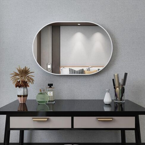 مرايا الحمام على الشاطئ الأبيض فوق المغسلة، مرآة حائط بيضاوية مثبتة على الحائط مرآة حمام بيضاوية الغرور مرآة إطار معدني عمودي وأفقي للتعليق في غرفة النوم وغرفة المعيشة ومدخل in Kuwait