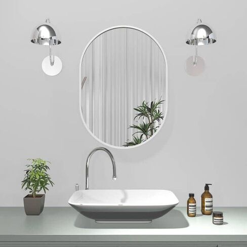 مرايا الحمام على الشاطئ الأبيض فوق المغسلة، مرآة حائط بيضاوية مثبتة على الحائط مرآة حمام بيضاوية الغرور مرآة إطار معدني عمودي وأفقي للتعليق في غرفة النوم وغرفة المعيشة ومدخل in Kuwait