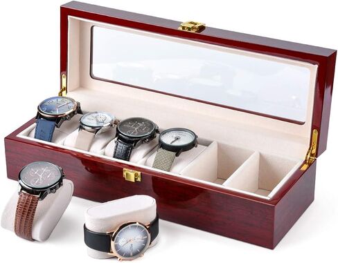 Karamanda 6 Wide Slots Wooden Paint Watch Box, Cherry-red Watch Storage Organizer with Glass Top and Locking Clasp for Women Men's Christmas Gift in Saudi Arabia