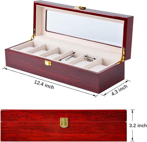 Karamanda 6 Wide Slots Wooden Paint Watch Box, Cherry-red Watch Storage Organizer with Glass Top and Locking Clasp for Women Men's Christmas Gift in Saudi Arabia