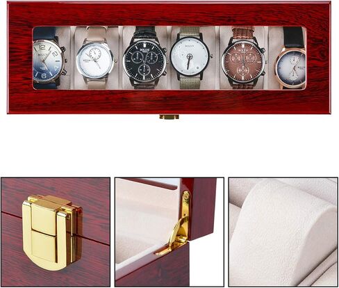 Karamanda 6 Wide Slots Wooden Paint Watch Box, Cherry-red Watch Storage Organizer with Glass Top and Locking Clasp for Women Men's Christmas Gift in Saudi Arabia