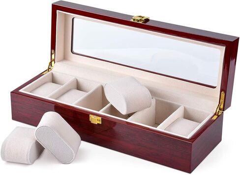 Karamanda 6 Wide Slots Wooden Paint Watch Box, Cherry-red Watch Storage Organizer with Glass Top and Locking Clasp for Women Men's Christmas Gift in Saudi Arabia