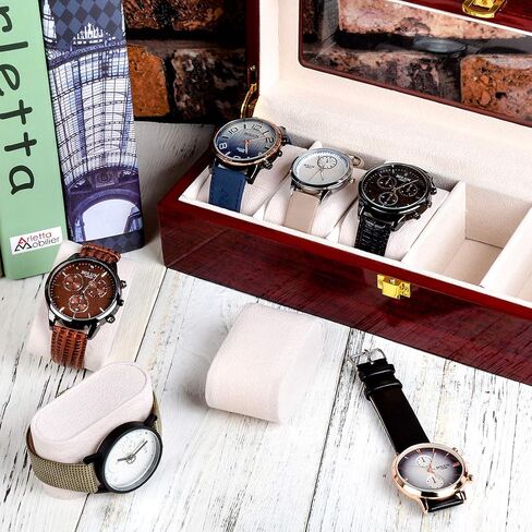 Karamanda 6 Wide Slots Wooden Paint Watch Box, Cherry-red Watch Storage Organizer with Glass Top and Locking Clasp for Women Men's Christmas Gift in Saudi Arabia