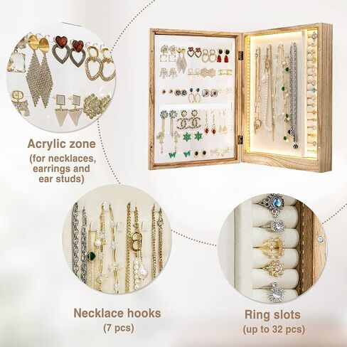 تيك توك صندوق مجوهرات مع اضواء LED، منظم مجوهرات معلق، علبة تخزين حامل مجوهرات للقلائد والاقراط والخواتم والاساور، هدية للنساء والفتيات in Kuwait
