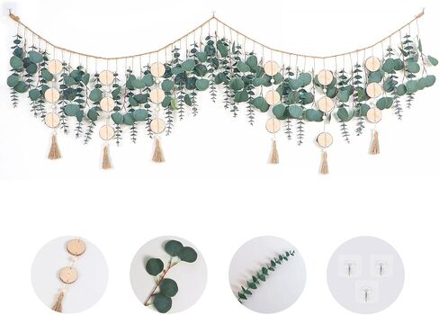 ديكور حائط اوكالبتوس معلق 67 انش من لوكيسنا، ديكور حائط بوهو مع كرمة خشبية مستديرة وشراشيب، نباتات خضراء متينة ونباتات معلقة لديكور غرفة النوم والحمام والمطبخ وغرفة الطعام in Kuwait