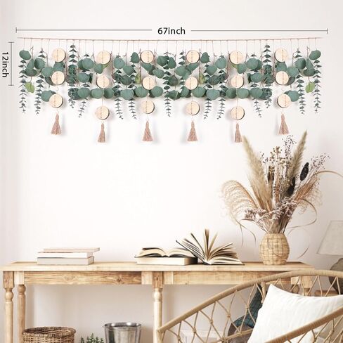 ديكور حائط اوكالبتوس معلق 67 انش من لوكيسنا، ديكور حائط بوهو مع كرمة خشبية مستديرة وشراشيب، نباتات خضراء متينة ونباتات معلقة لديكور غرفة النوم والحمام والمطبخ وغرفة الطعام in Kuwait