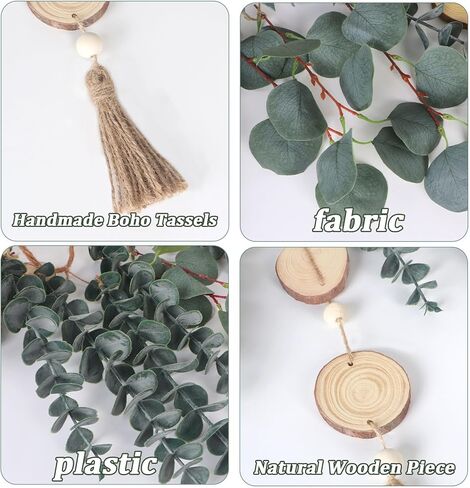 ديكور حائط اوكالبتوس معلق 67 انش من لوكيسنا، ديكور حائط بوهو مع كرمة خشبية مستديرة وشراشيب، نباتات خضراء متينة ونباتات معلقة لديكور غرفة النوم والحمام والمطبخ وغرفة الطعام in Kuwait