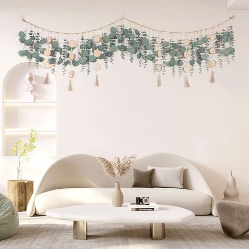 ديكور حائط اوكالبتوس معلق 67 انش من لوكيسنا، ديكور حائط بوهو مع كرمة خشبية مستديرة وشراشيب، نباتات خضراء متينة ونباتات معلقة لديكور غرفة النوم والحمام والمطبخ وغرفة الطعام in Kuwait