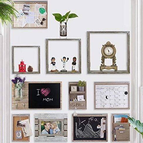 مجموعة أرفف عائمة بتصميم غني من RR مكونة من 6 - أرفف جدارية من الخشب الريفي مع 3 صناديق مربعة و3 أرفف صغيرة على شكل حرف U لتجميع اللمسات النهائية من الخشب المنجرف مجانًا in Kuwait