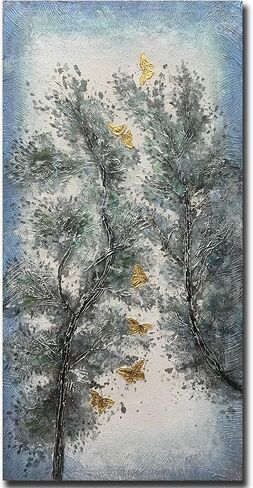 Art8YuQi Paintings - 24x48Inch Textured Hand Painted Canvas Paintings Green Leaves Abstract Tree Pine 3D Oil Paintings Landscape Artwork Modern Home Decor Wall Art Wood Inside Framed Hanging Wall in Kuwait