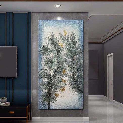 Art8YuQi Paintings - 24x48Inch Textured Hand Painted Canvas Paintings Green Leaves Abstract Tree Pine 3D Oil Paintings Landscape Artwork Modern Home Decor Wall Art Wood Inside Framed Hanging Wall in Kuwait