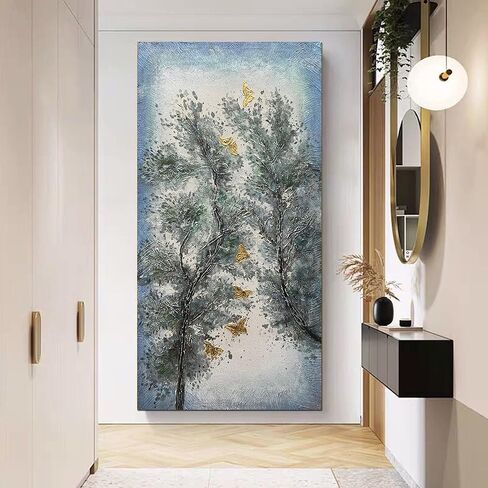 Art8YuQi Paintings - 24x48Inch Textured Hand Painted Canvas Paintings Green Leaves Abstract Tree Pine 3D Oil Paintings Landscape Artwork Modern Home Decor Wall Art Wood Inside Framed Hanging Wall in Kuwait