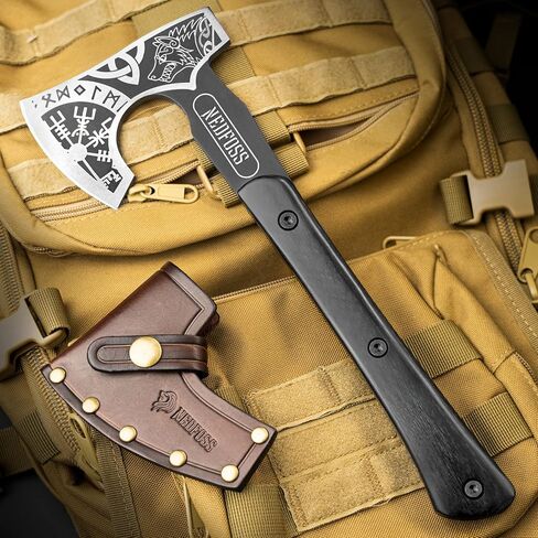 فأس NedFoss مقاس 12.8 سم Berserker Tomahawk Viking مع غمد جلدي، فأس ملتحي صغير من Nordic Valhalla Vikings منقوش مع ذئب سلتيك Vegvisir Triquetra، فأس تانغ توماهوك الكامل التكتيكي بمقبض خشبي in Kuwait