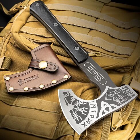 فأس NedFoss مقاس 12.8 سم Berserker Tomahawk Viking مع غمد جلدي، فأس ملتحي صغير من Nordic Valhalla Vikings منقوش مع ذئب سلتيك Vegvisir Triquetra، فأس تانغ توماهوك الكامل التكتيكي بمقبض خشبي in Kuwait