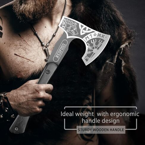 فأس NedFoss مقاس 12.8 سم Berserker Tomahawk Viking مع غمد جلدي، فأس ملتحي صغير من Nordic Valhalla Vikings منقوش مع ذئب سلتيك Vegvisir Triquetra، فأس تانغ توماهوك الكامل التكتيكي بمقبض خشبي in Kuwait
