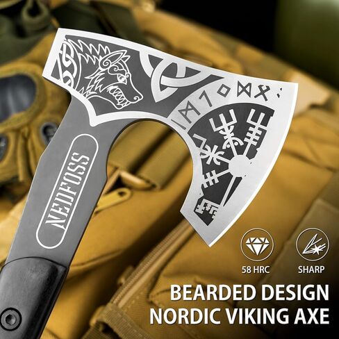 فأس NedFoss مقاس 12.8 سم Berserker Tomahawk Viking مع غمد جلدي، فأس ملتحي صغير من Nordic Valhalla Vikings منقوش مع ذئب سلتيك Vegvisir Triquetra، فأس تانغ توماهوك الكامل التكتيكي بمقبض خشبي in Kuwait