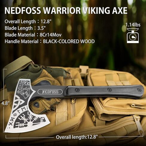فأس NedFoss مقاس 12.8 سم Berserker Tomahawk Viking مع غمد جلدي، فأس ملتحي صغير من Nordic Valhalla Vikings منقوش مع ذئب سلتيك Vegvisir Triquetra، فأس تانغ توماهوك الكامل التكتيكي بمقبض خشبي in Kuwait