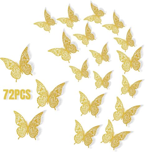 72 Pcs Butterfly Wall Decor, 3D Butterfly Removable Mural Stickers Wall Stickers Decal for Home and Room Decoration (Golden) in Kuwait