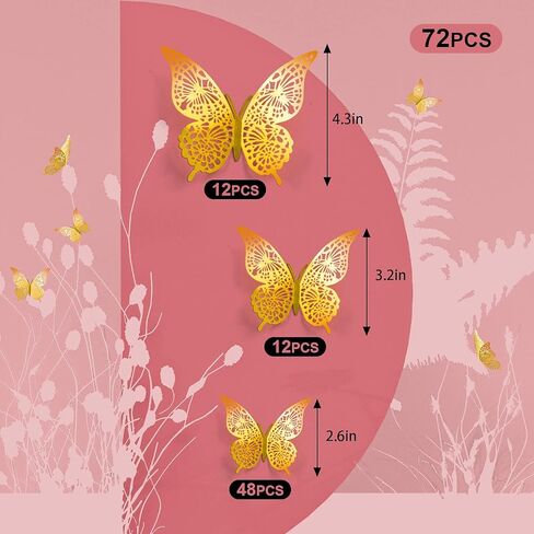 72 Pcs Butterfly Wall Decor, 3D Butterfly Removable Mural Stickers Wall Stickers Decal for Home and Room Decoration (Golden) in Kuwait