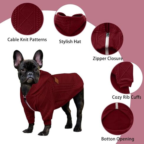تي كيوفلو سويتر صوف للكلاب، سويتر دافئ للكلاب مع سحاب، سويت شيرت بغطاء للراس، ملابس شتوية محبوكة للكلاب الصغيرة والبنات والاولاد، سترة محبوكة ناعمة محبوكة ملابس للقطط (مقاس M، احمر) in Kuwait