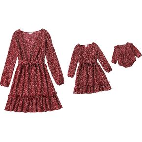 Mommy and Me Matching Dresses Floral Split Ruffled Boho Dress Long Sleeve Casual Fall Winter Mom Daughter Matching Outfits in Saudi Arabia