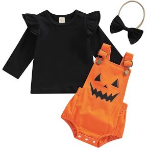 LouVasabuce Newborn Halloween Baby Girls Outfit Fly Long Sleeve Ribbed Top+ Pumpkin Ghost Printing Suspender Romper+ Headwear in Kuwait