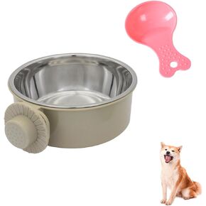 وعاء Andiker Crate Dog Bowl، وعاء ماء من الفولاذ المقاوم للصدأ لقفص الكلاب مع ملعقة بلاستيكية لطعام الحيوانات الأليفة لحمل الطعام والماء، وعاء ماء قابل للإزالة سعة 16 أونصة لجرو القطط للتعليق أو الأقفاص (رمادي)